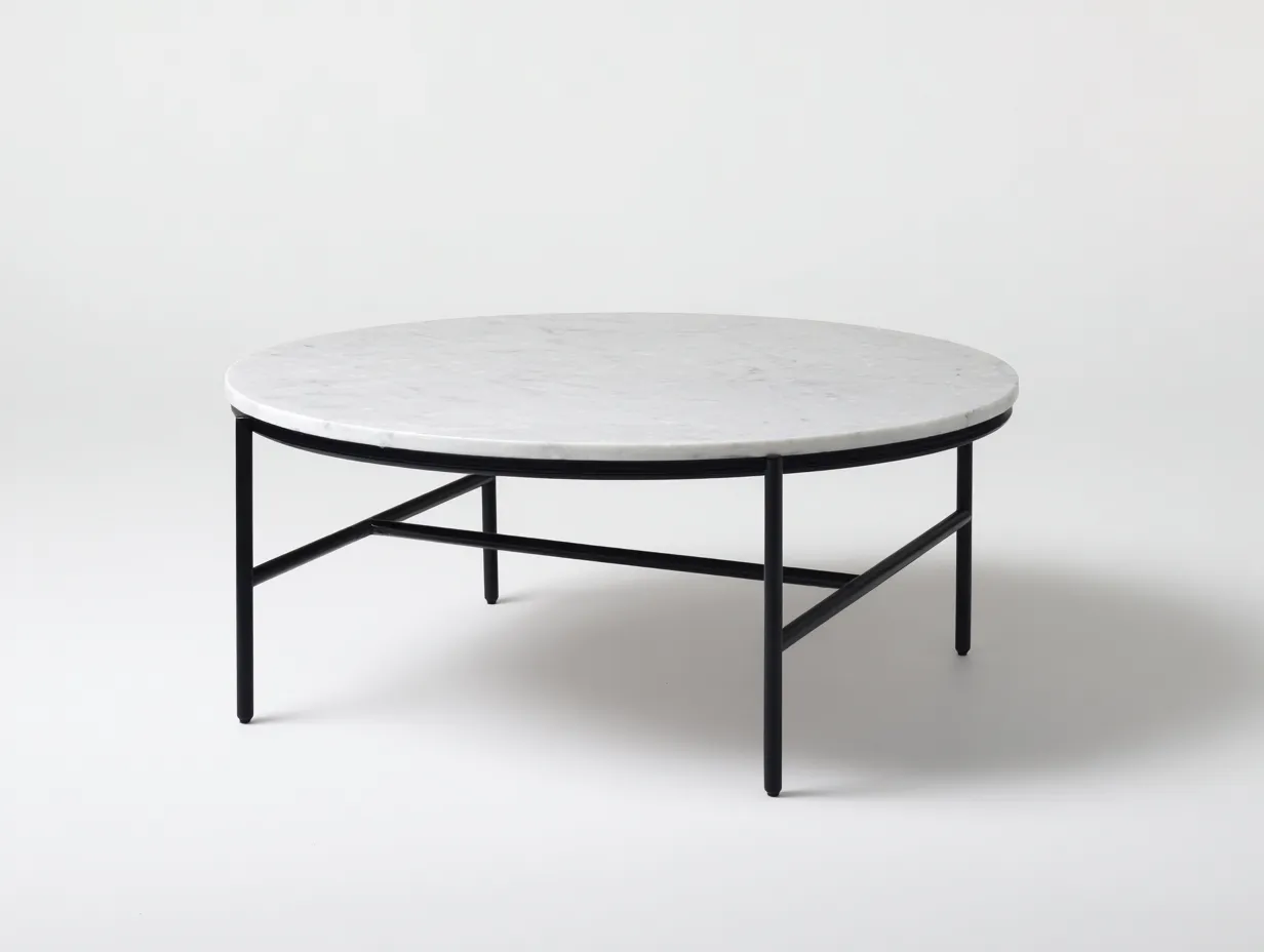 Tavolino rotondo da salotto con piano effetto marmo e base in metallo 94 x 94 x 41 cm - bianco pietra/nero - per soggiorno e zona lounge - design moderno pulito