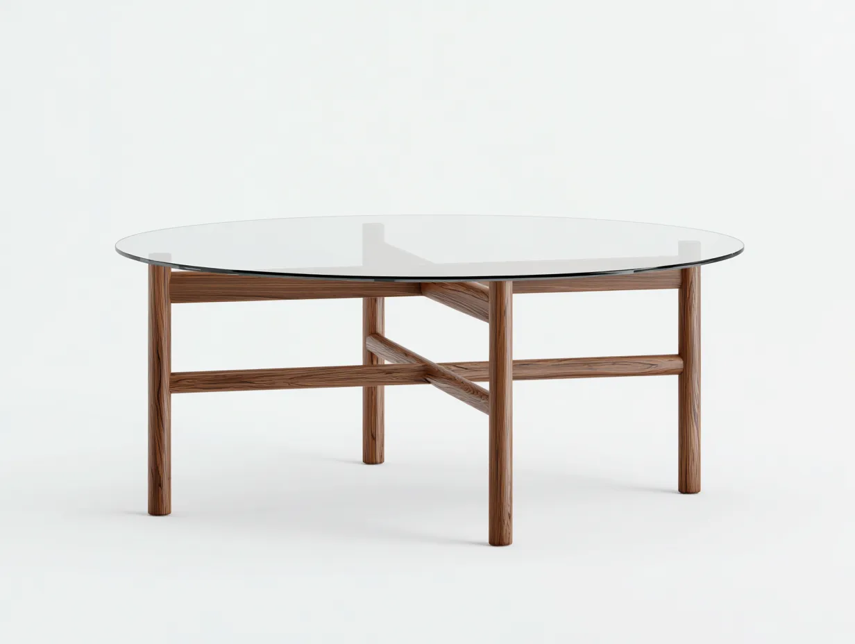 Tavolino rotondo con piano in vetro e struttura in legno 100 x 100 x 42 cm - rovere medio/trasparente - per soggiorno e zona rela x  - stile moderno leggero