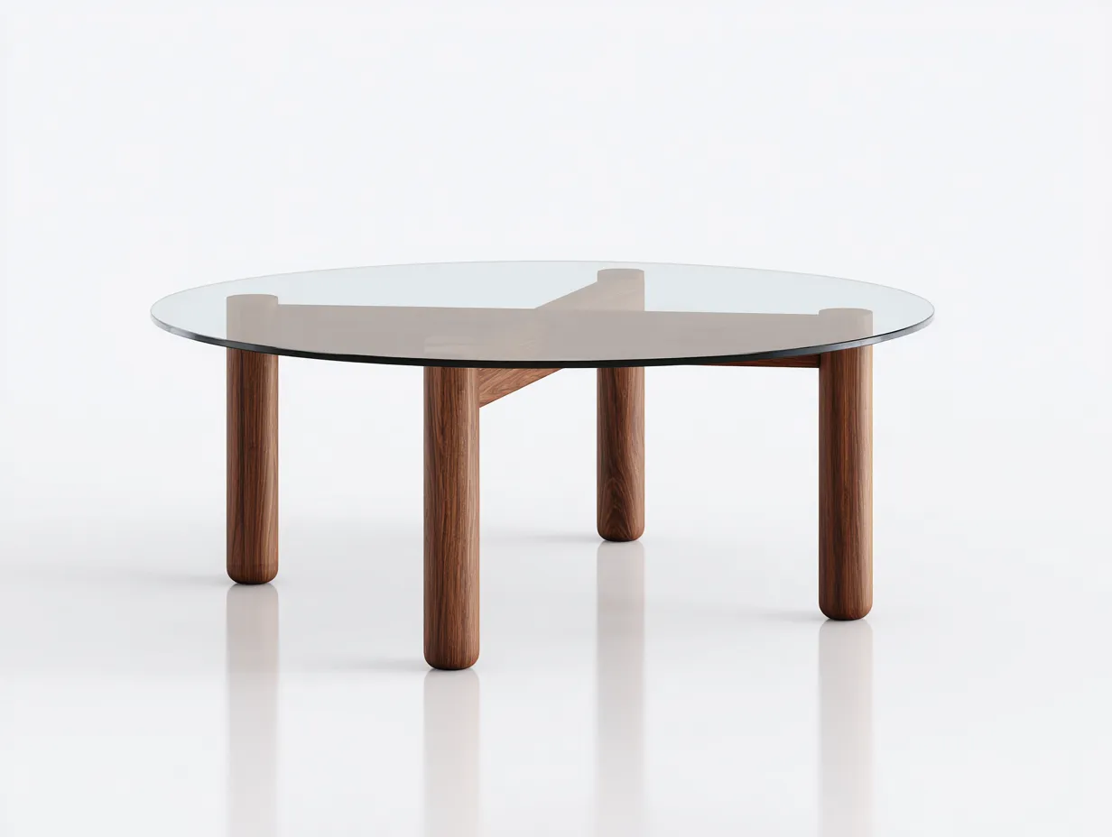 Tavolino rotondo con piano in vetro e base in legno 95 x 95 x 41 cm - noce scuro/trasparente - per soggiorno e salotto - stile moderno raffinato