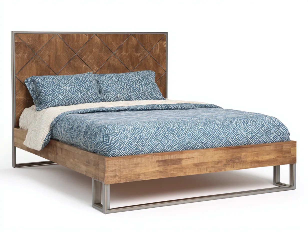 Letto matrimoniale in legno e metallo 200 x 180 x 135 cm - rovere tabacco - testiera geometrica con telaio aperto contemporaneo