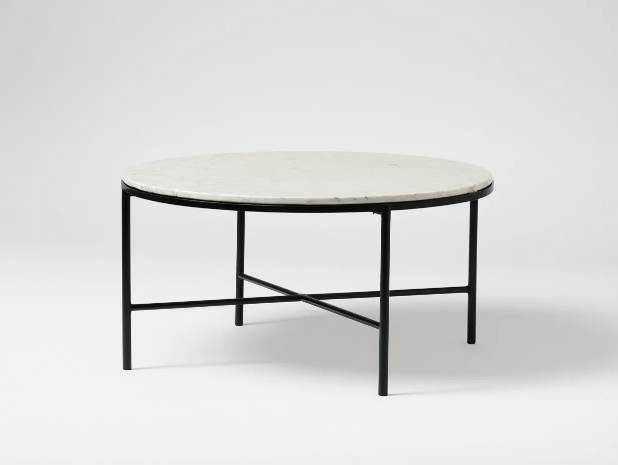 Tavolino rotondo con piano effetto marmo e struttura in metallo 92 x 92 x 43 cm - bianco marmo/nero - per soggiorno e area rela x  - stile contemporaneo essenziale