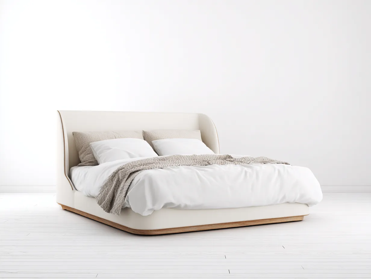 Letto matrimoniale imbottito in tessuto 200 x 180 x 125 cm - beige avorio - testiera sagomata con base effetto legno
