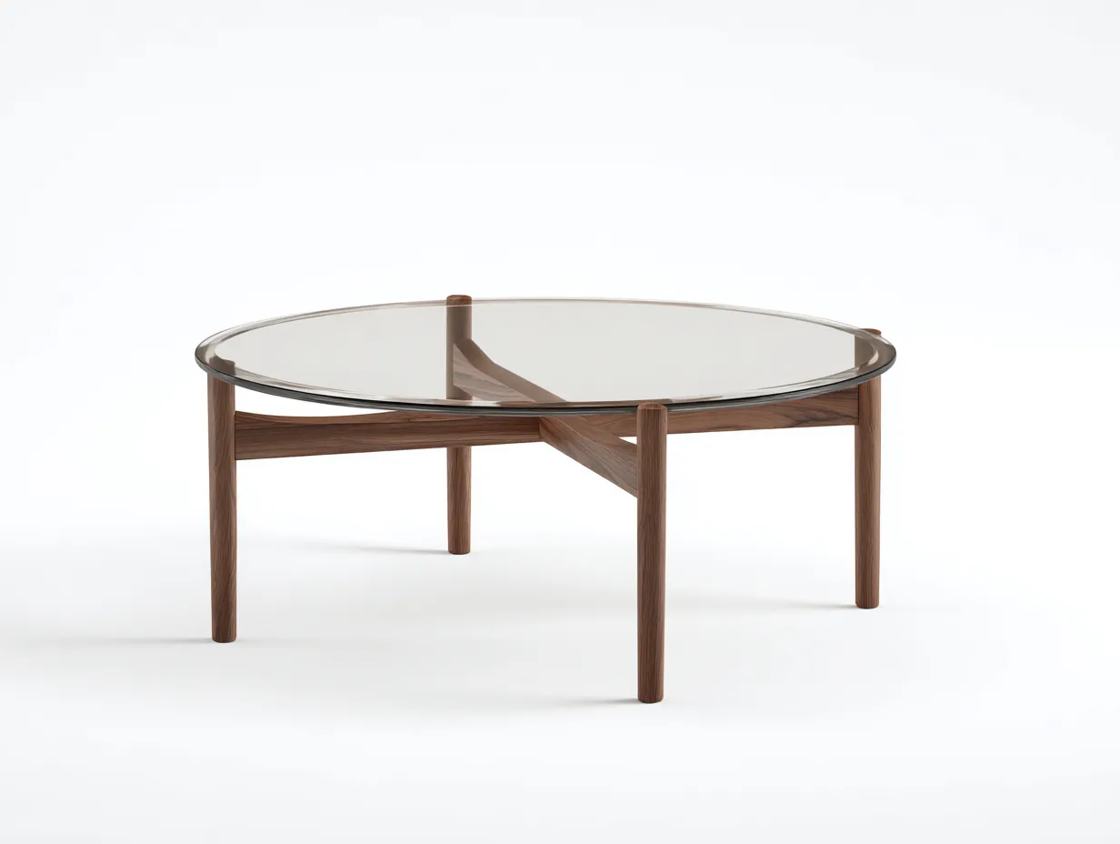 Tavolino basso rotondo con piano in vetro fumé e struttura in legno 98 x 98 x 40 cm - noce medio/vetro trasparente - per soggiorno e area lounge - stile moderno raffinato