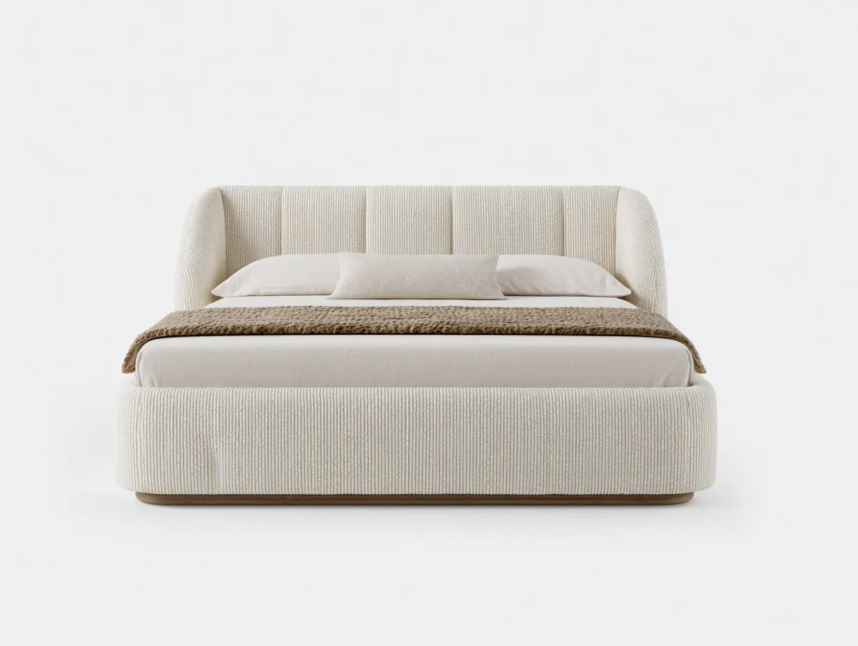Letto matrimoniale imbottito in tessuto rigato 200 x 180 x 120 cm - crema sabbia - testiera avvolgente con pannellatura verticale e base arrotondata