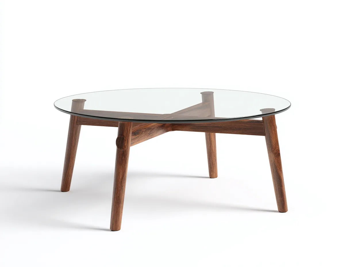 Tavolino rotondo in vetro con struttura in legno 96 x 96 x 41 cm - noce naturale/trasparente - per soggiorno e area rela x  - stile moderno organico