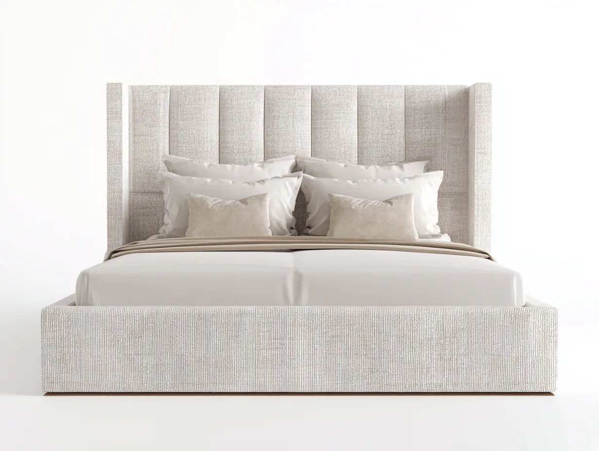 Letto matrimoniale imbottito in tessuto strutturato 200 x 180 x 145 cm - avorio naturale - testiera alta con pannelli verticali e ali laterali
