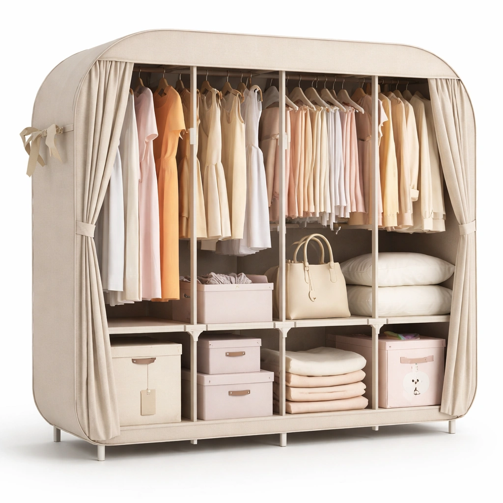 Kleiderschrank Stoff gross mit Vorhang-Qavellor