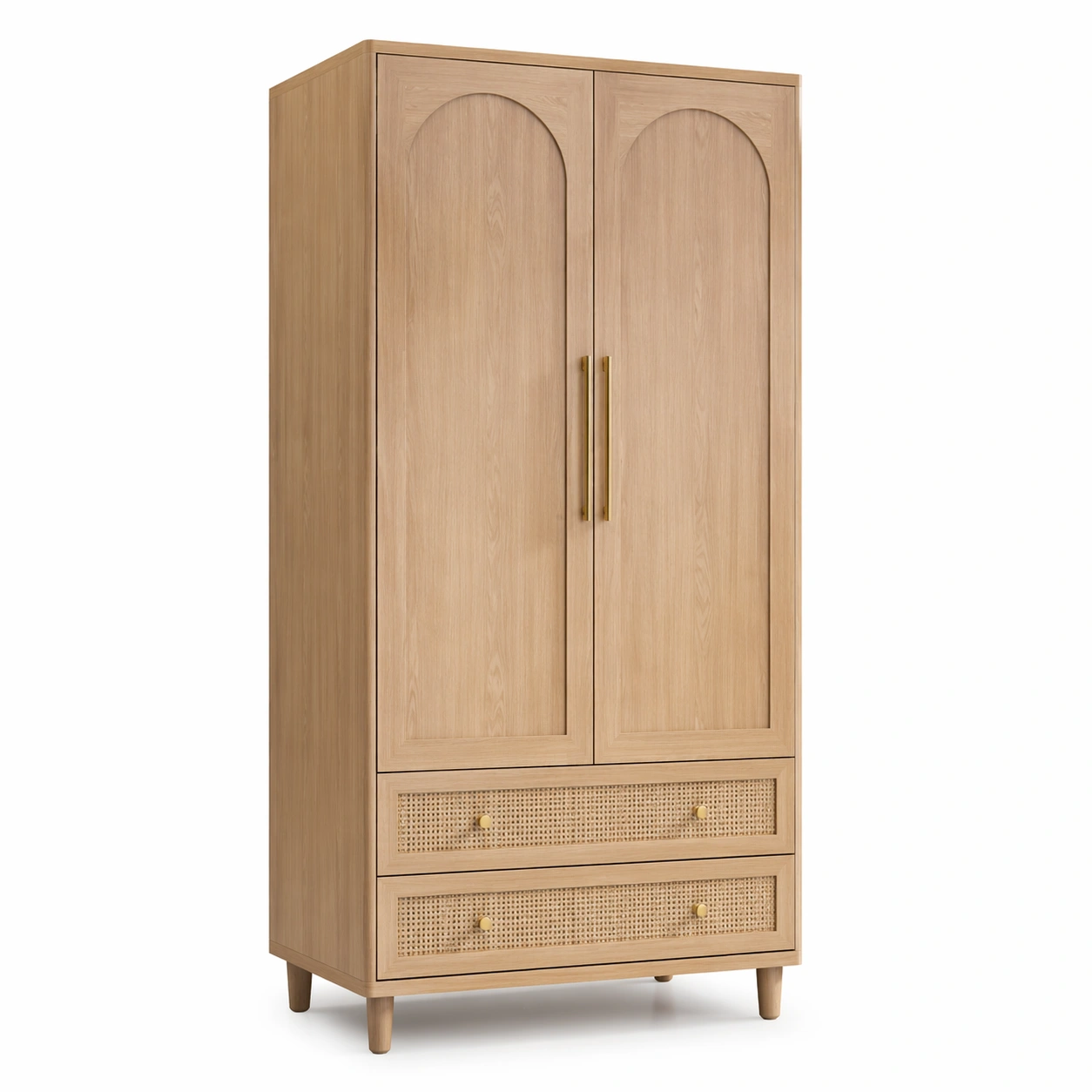 Kleiderschrank Holz mit Rattan Schubladen Natur-Qavellor