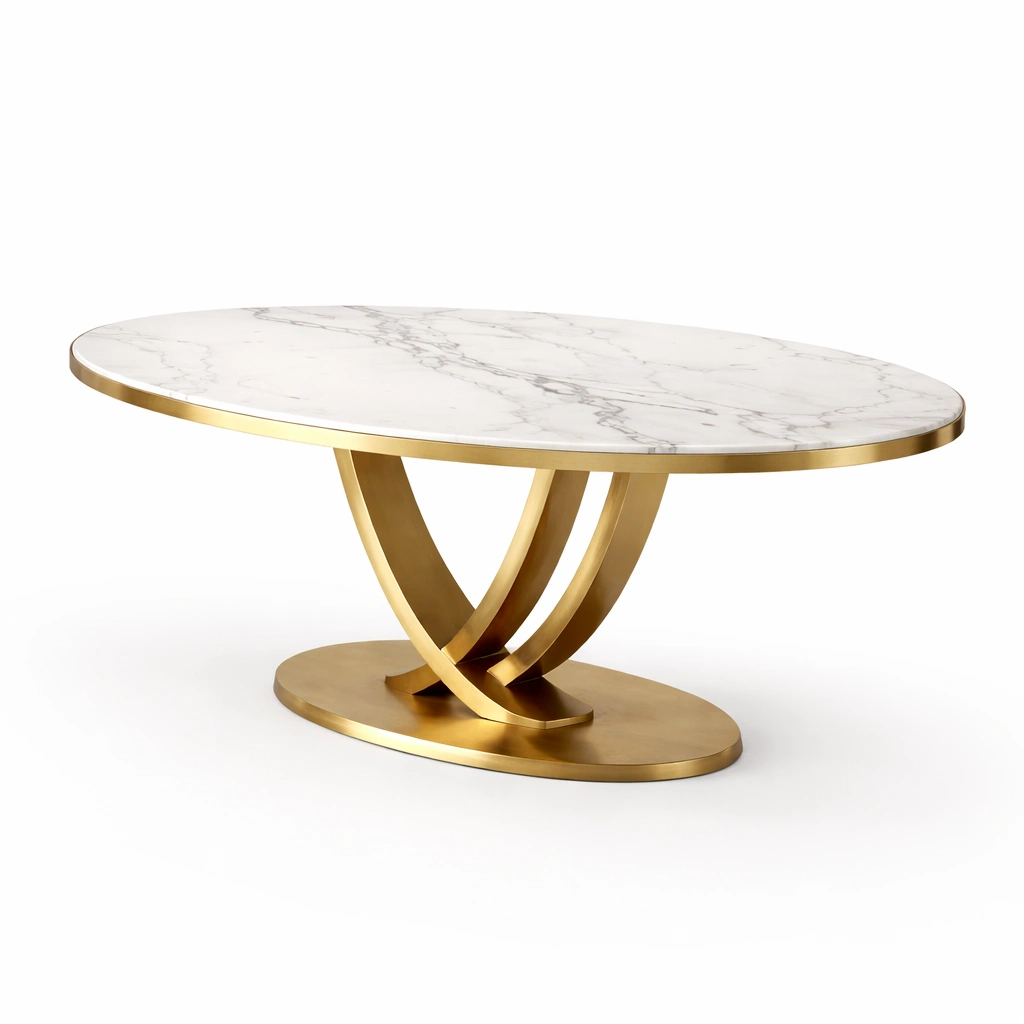 Esstisch oval mit Marmorplatte und Goldgestell-Qavellor