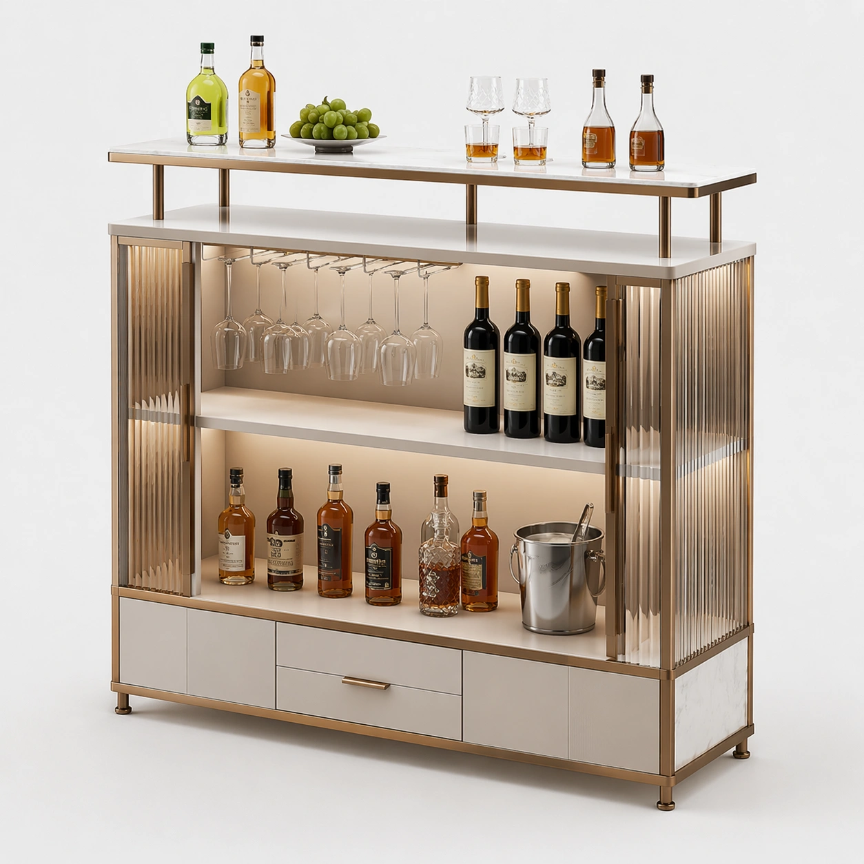 Hausbar Schrank Modern Weiss Beleuchtet Glasablage-Kavellor