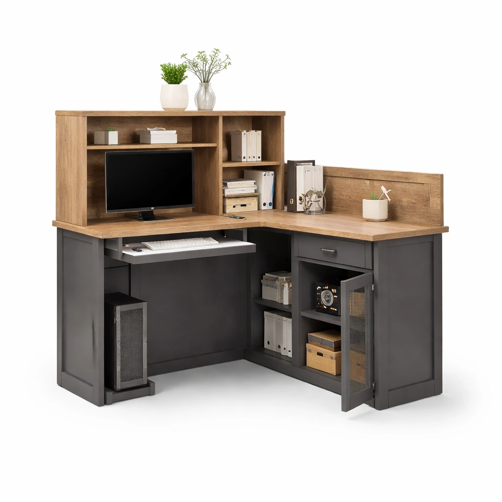 Eckschreibtisch Holz Modern mit Regal Stauraum-Kavellor