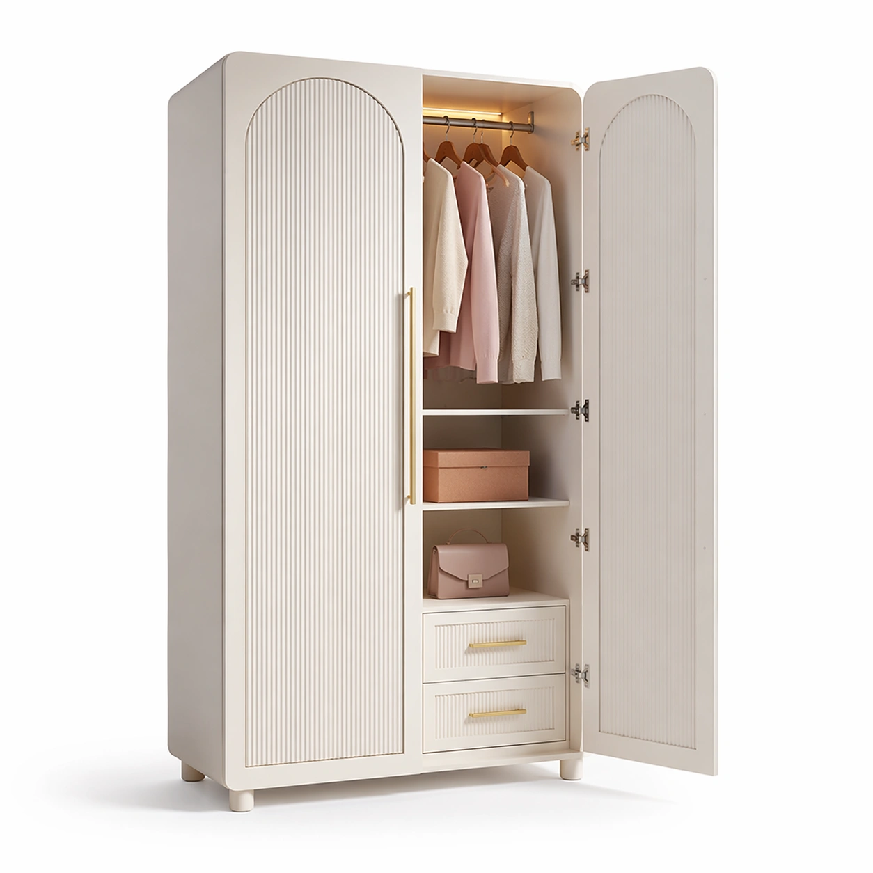 Kleiderschrank Modern Beige Geriffelte Tueren LED Licht-Kavellor