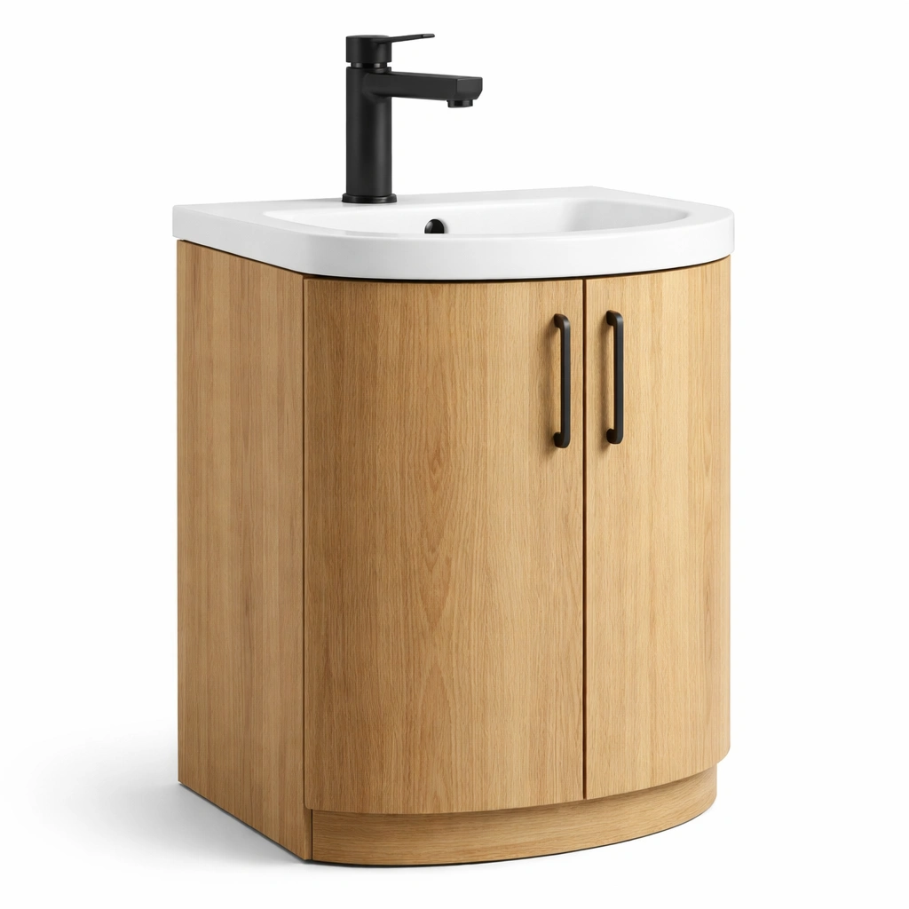 Badezimmer Waschtisch Rund Holzoptik Kompakt Schwarz Armatur-Kavellor