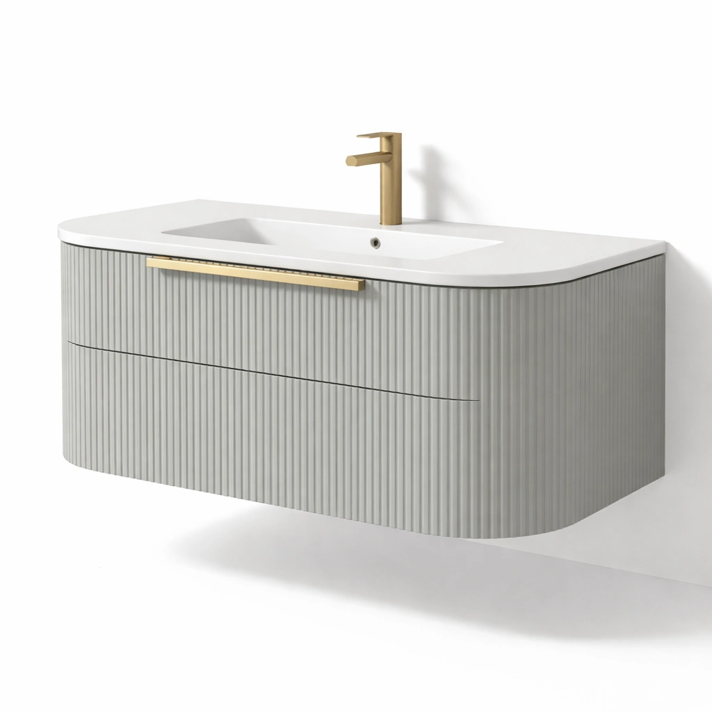 Badezimmer Waschtisch Haengend Grau Geriffelte Front Modern-Kavellor