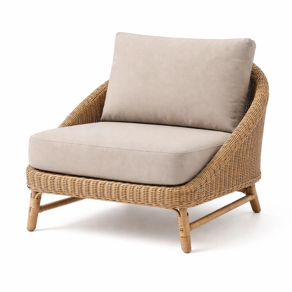 Lounge Sessel Rattan hell mit Kissen