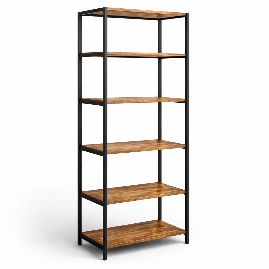 Regal mit Metallrahmen und Holzboeden industriell