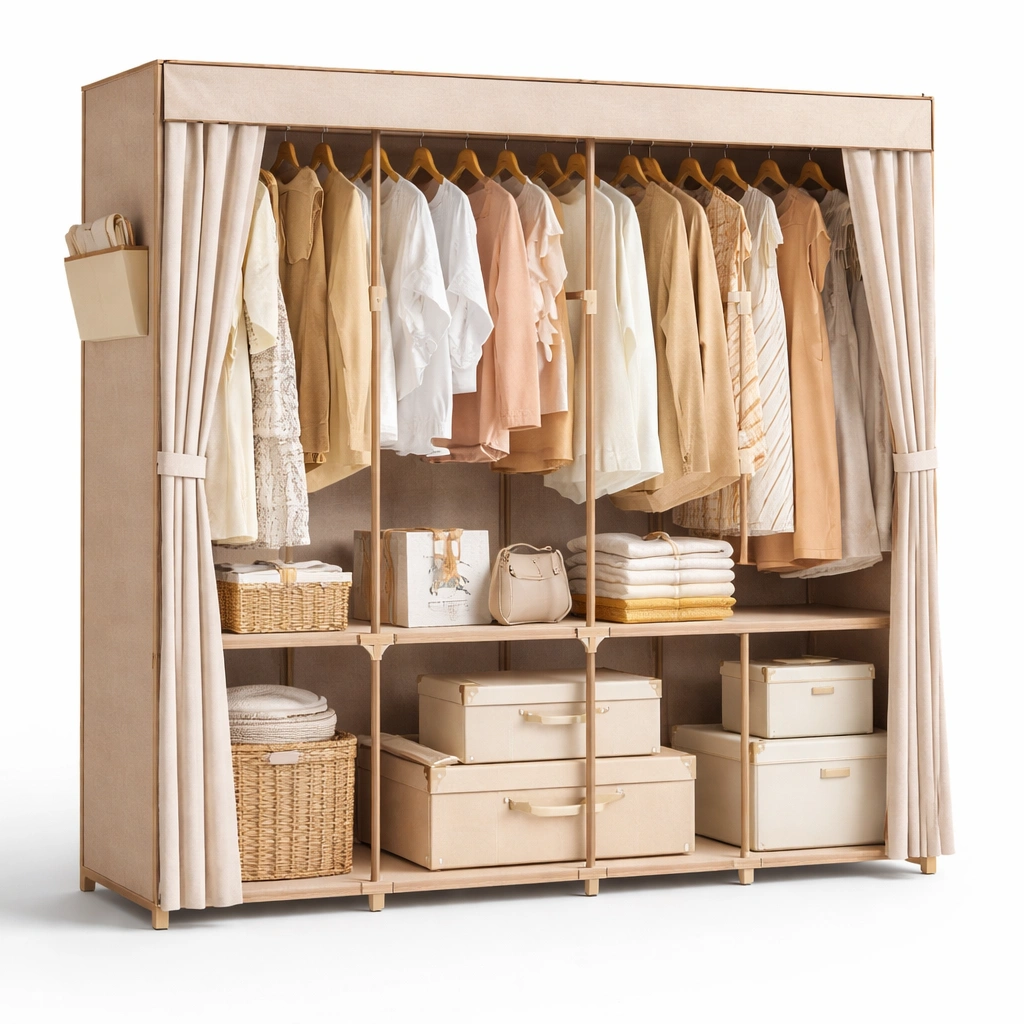 Offener Kleiderschrank mit Vorhang und Regalfach gross