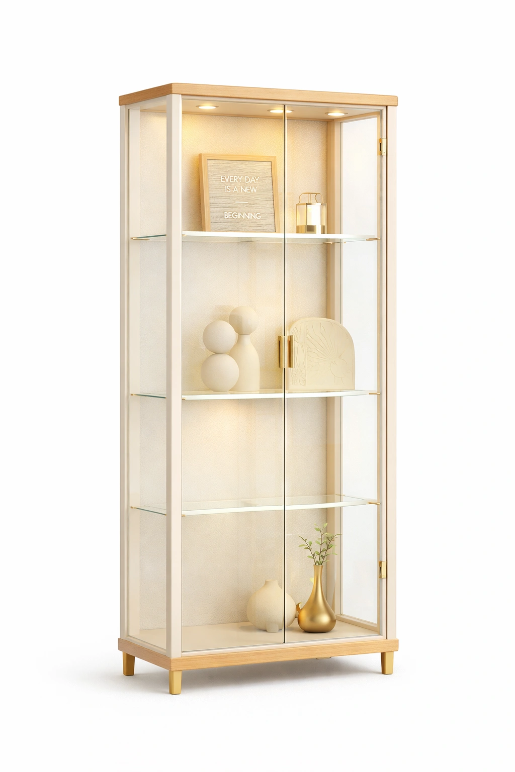 Vitrine mit Glas Tueren und LED Beleuchtung