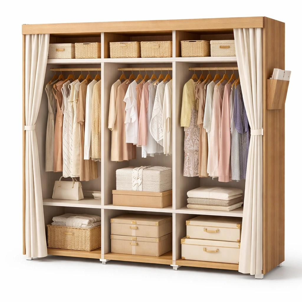 Offener Kleiderschrank mit Vorhang und Regalen