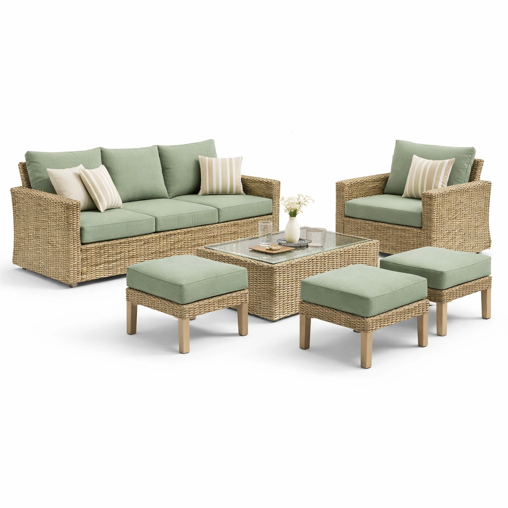 Gartenmoebel Set Rattan mit Tisch und Hockern