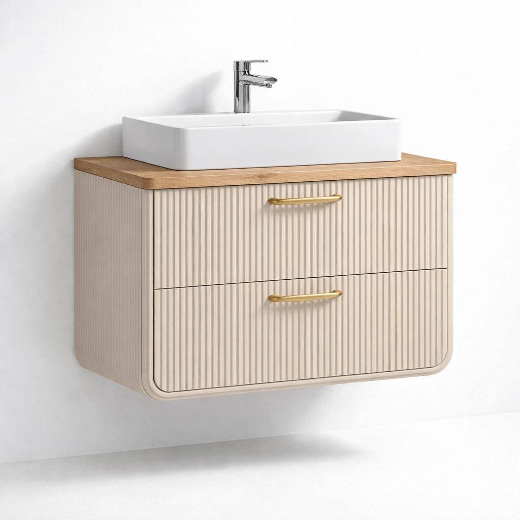 Badezimmerschrank mit Aufsatzwaschbecken und Schubladen