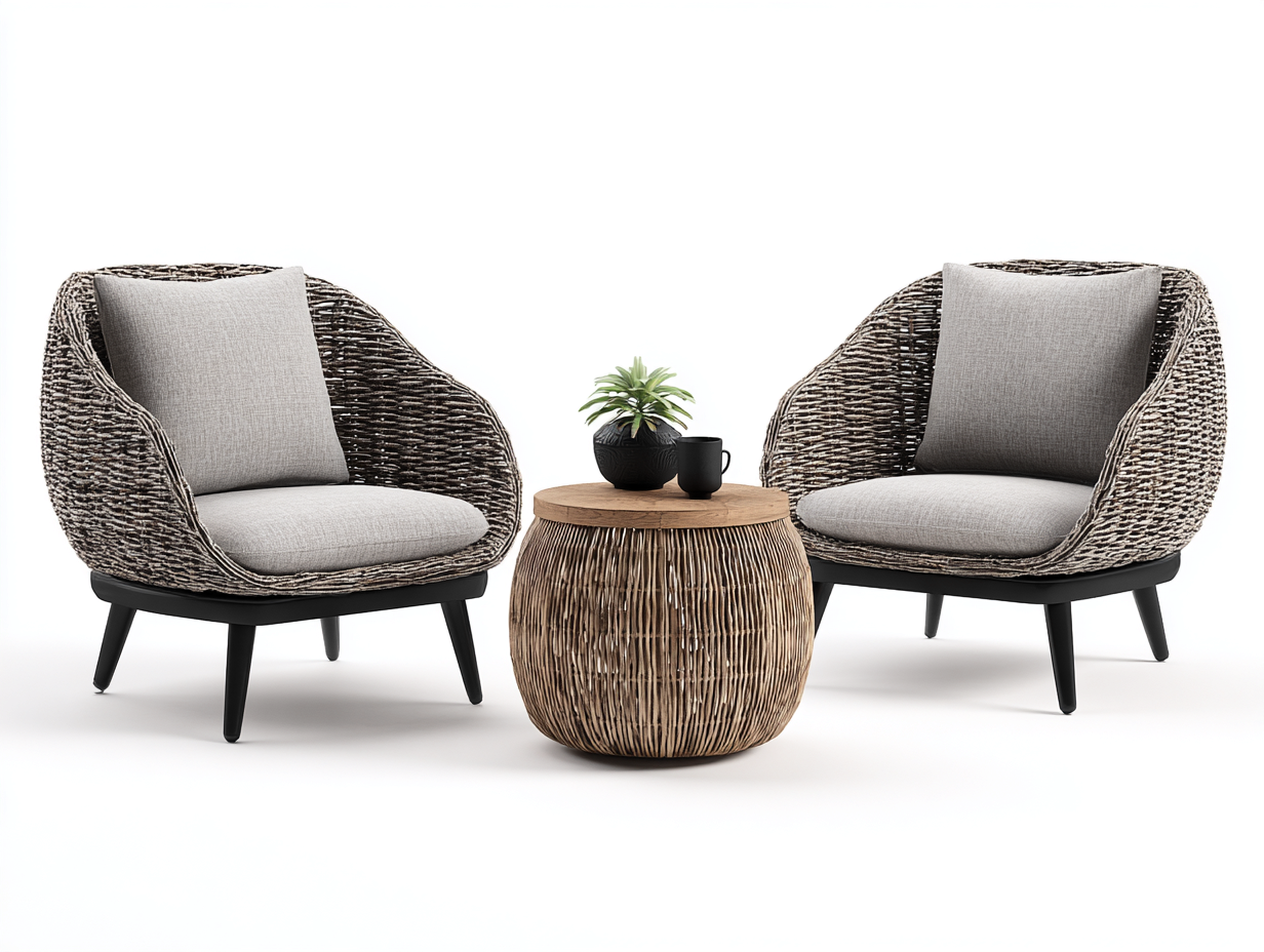 Salon de jardin pour terrasse en rotin tressé 2 fauteuils 80x60x75 cm et table basse 50x50x45 cm - Gris naturel - Style contemporain-Votadecor