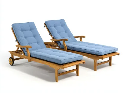 Bain de soleil en bois avec coussin 195x65x85 cm - bois naturel-bleu - design extérieur pour jardin-Votadecor
