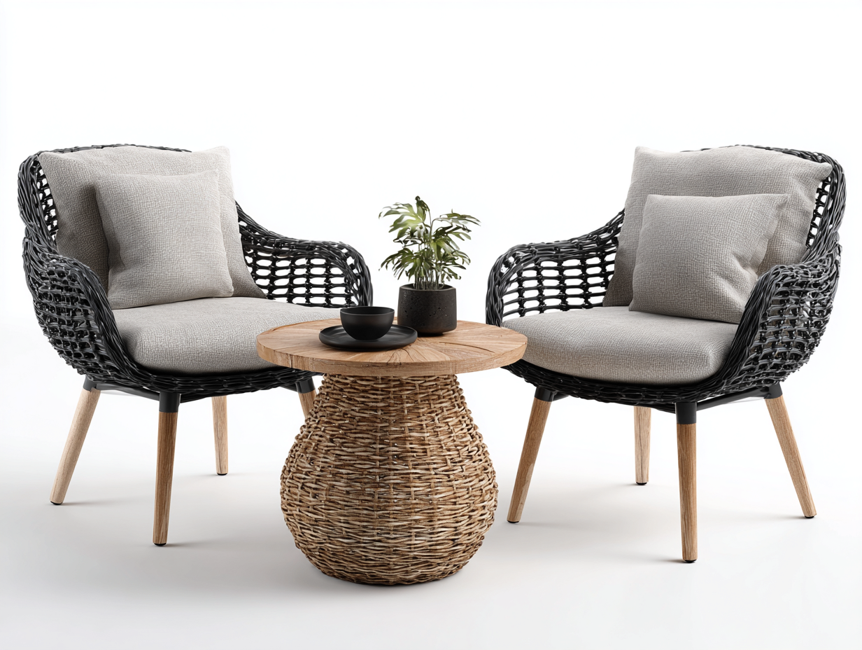 Salon de jardin pour terrasse en résine tressée 2 places avec table 65x70x80 cm - noir-beige - style naturel-Votadecor