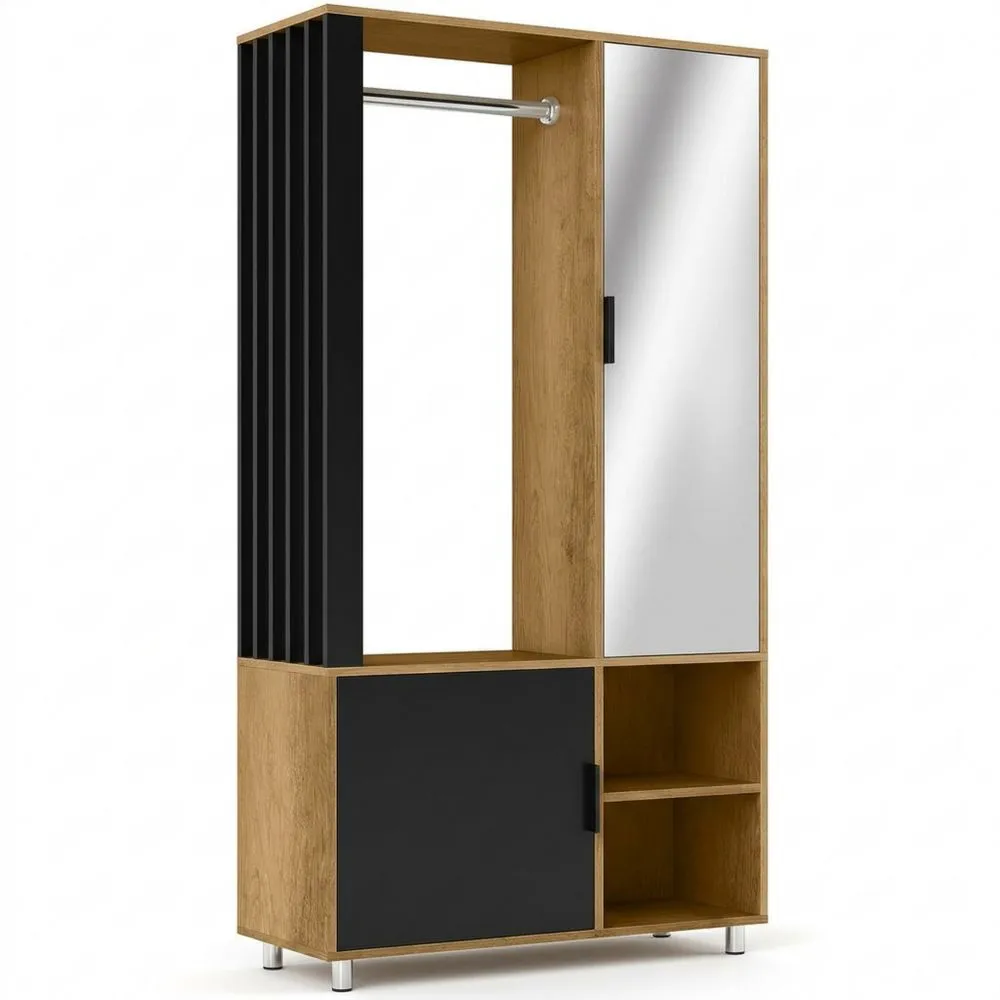 Armario de Dormitorio con Puerta de Espejo y Barra para Colgar, 2 Compartimentos Abiertos, Estilo Moderno, 80 x 30 x 170 cm, Natural y Negro