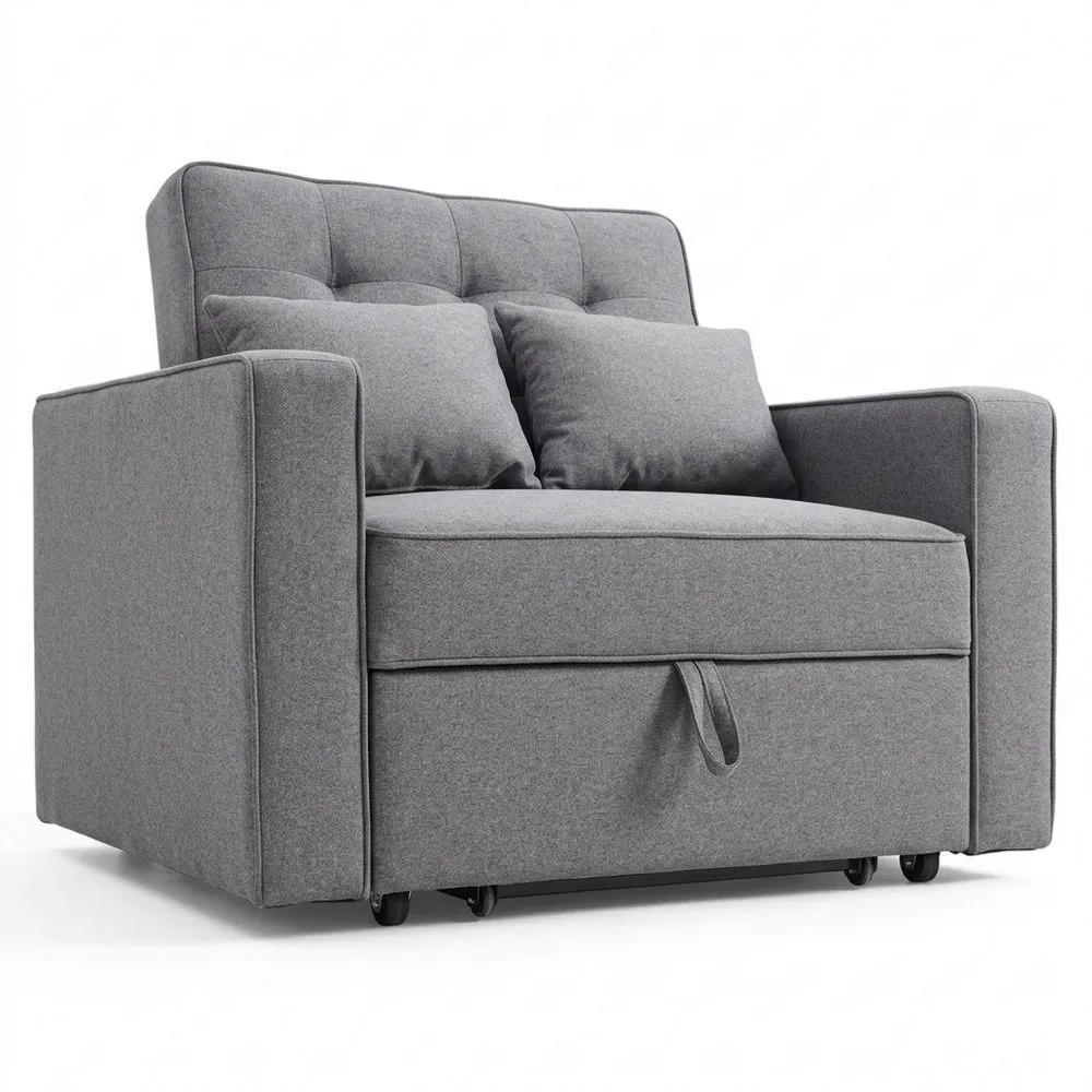 Sillón Cama de 1 Plaza, Estructura de Metal y Madera, Tela Resistente a Manchas, Gris