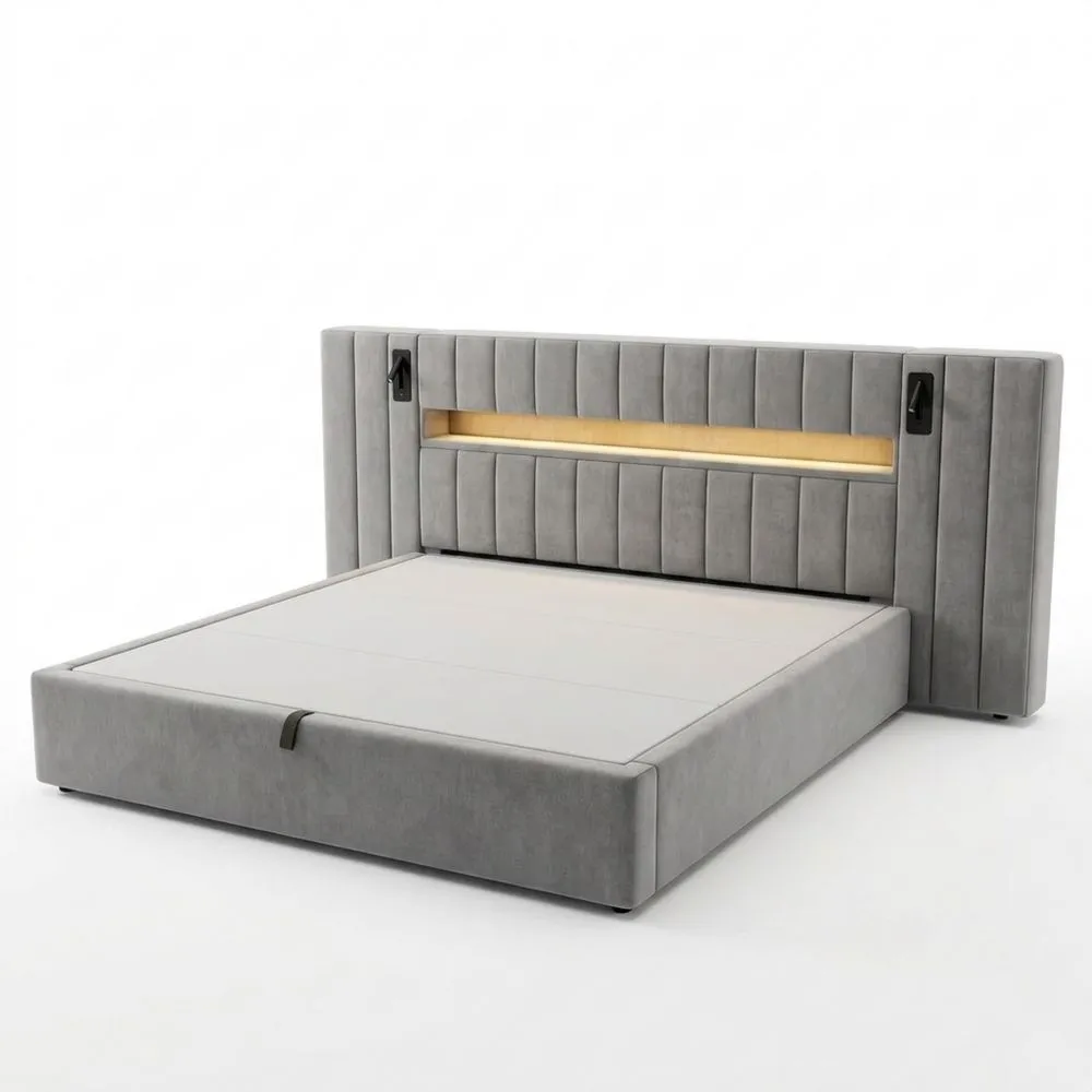 Cama Tapizada 180x200 cm con Almacenamiento Hidráulico y Cajón, Cabecero con Espacio de Almacenaje, Cama Doble de Terciopelo Multifuncional Gris