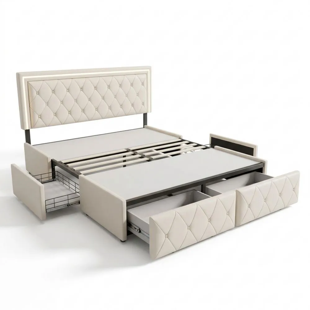 Cama tapizada con almacenamiento y LED, cabecero ajustable, 4 cajones para adultos, base de láminas, PU beige 140x200 cm