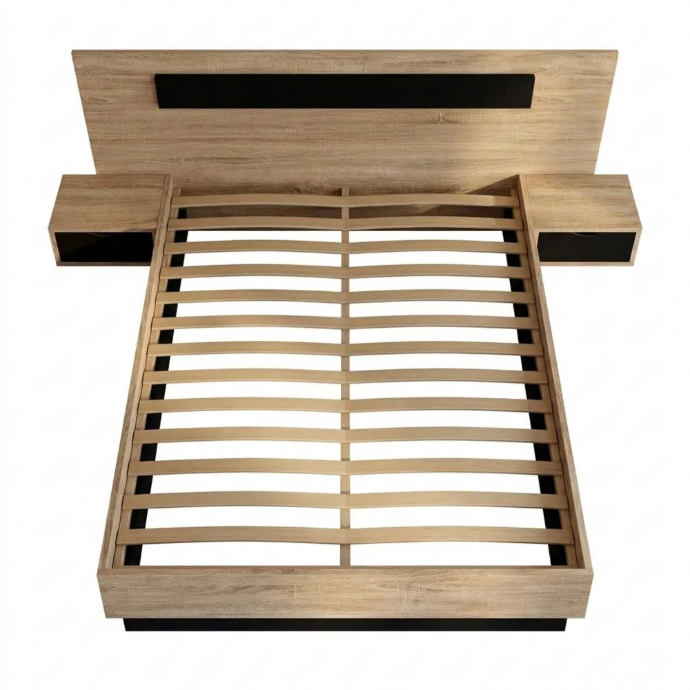 Cama doble con cabecero y mesas integradas 140 x 190 cm