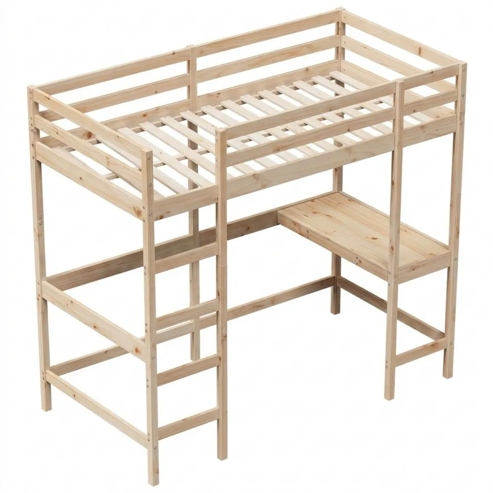 Cama alta con escritorio de madera de pino macizo 90 x 190 cm