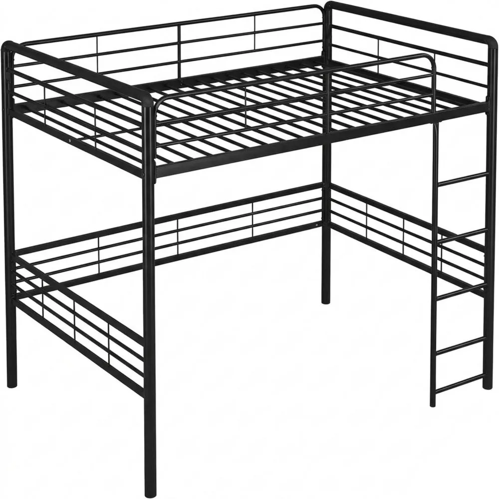 Cama Alta de Metal con Escalera, Diseño Ahorra Espacio, Negro