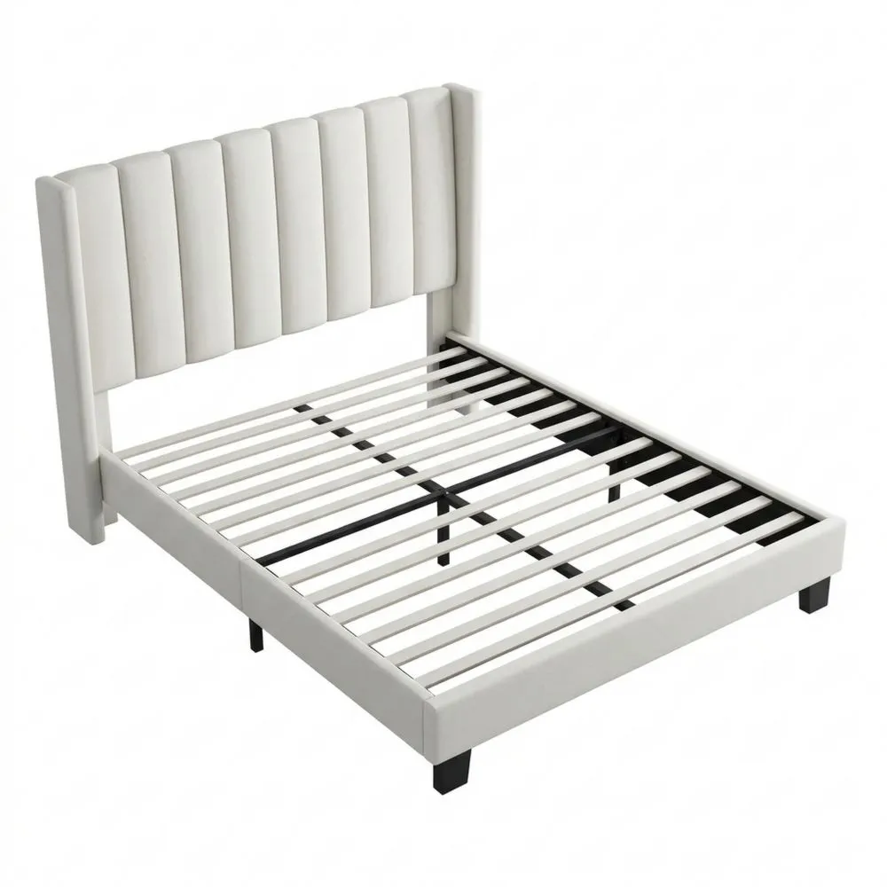 Cama Doble Tapizada 140 x 200 cm con Cabecero Moderno Acolchado Estructura de Madera y Metal para Adultos Beige