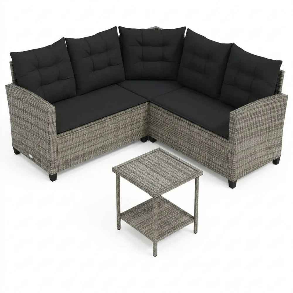 Sofá de Ratán para Jardín con Cojines, Esquinero para Terraza y Patio, Color Gris