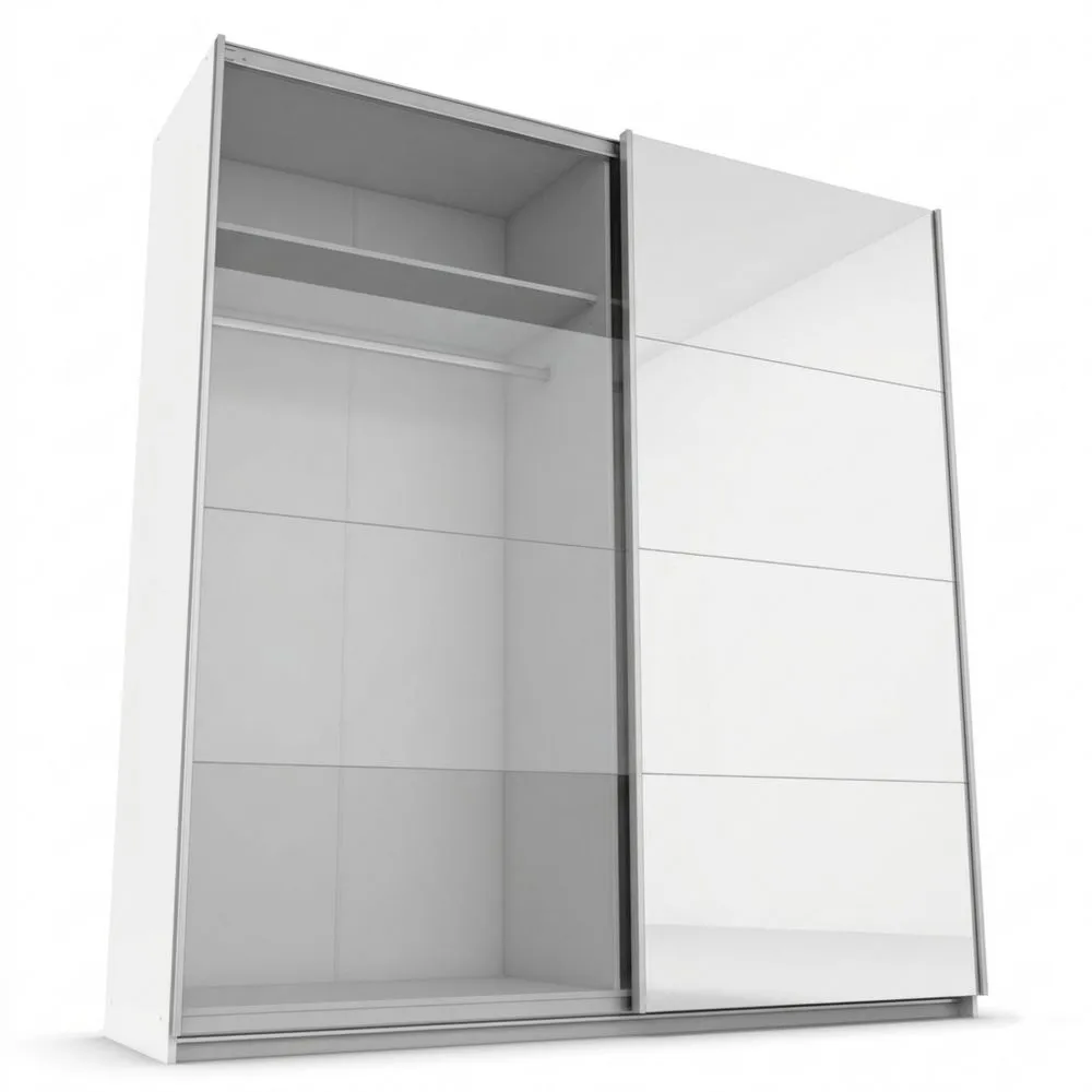 Armario con puertas correderas en blanco con 2 raíles para ropa y 2 estantes, 181 x 197 x 61 cm