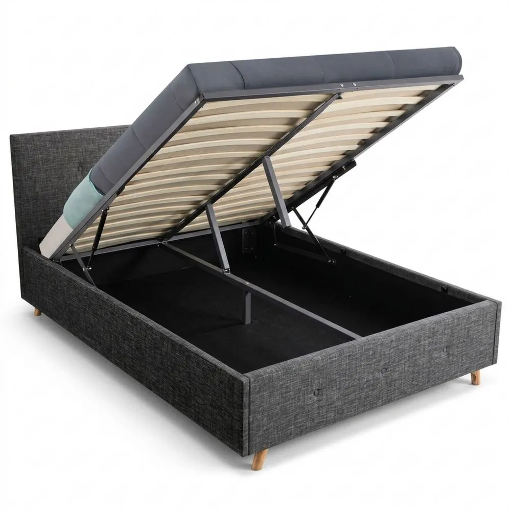 Cama Doble Escandinava con Cabecero y Base de Listones 140x190 cm Tela Gris Antracita