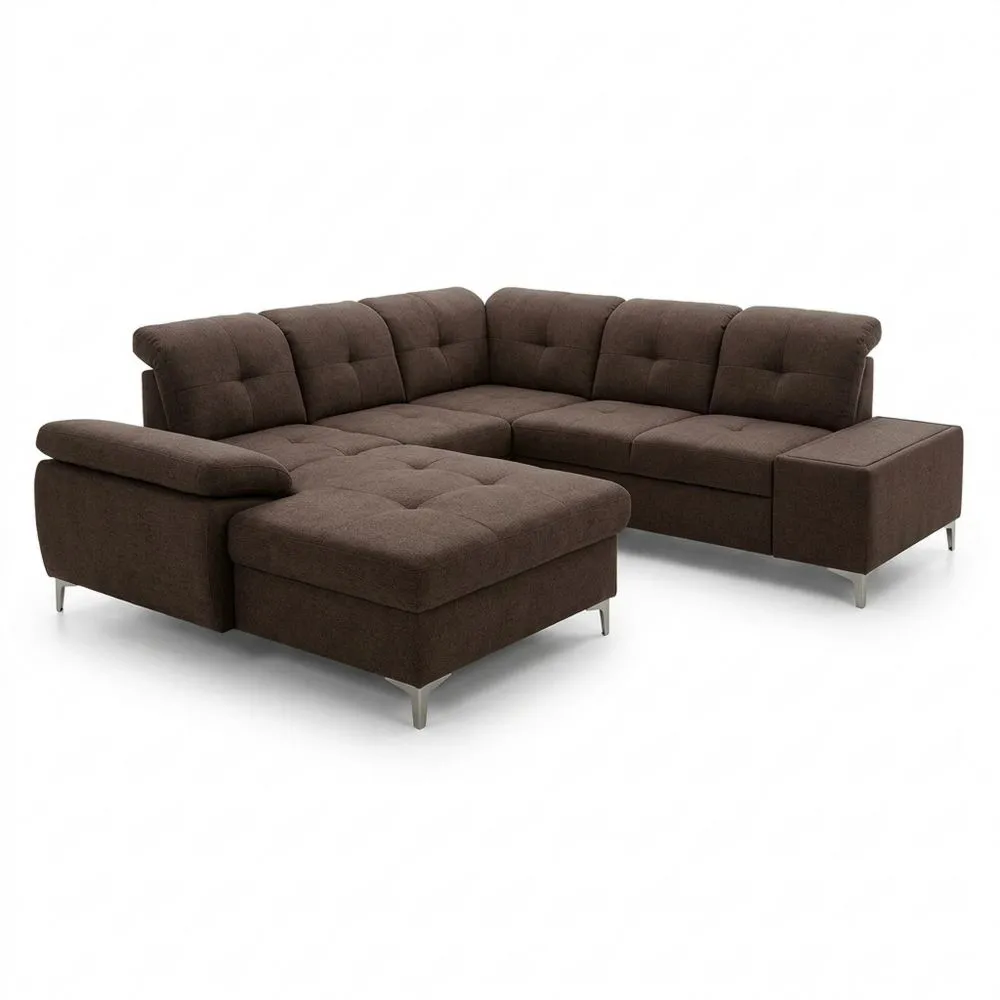 Sofá Esquinero Grande en Forma de L con Reposacabezas Ajustables y Pouf Izquierdo, Diseño Moderno, Marrón
