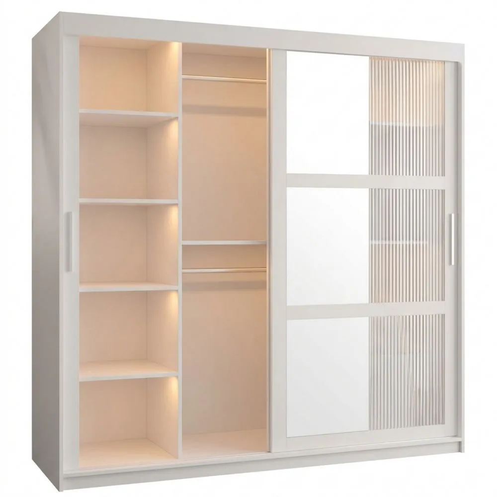 Armario con Puertas Correderas y Espejo, Barras y Estantes para Salón con Frentes de Vidrio Ondulado