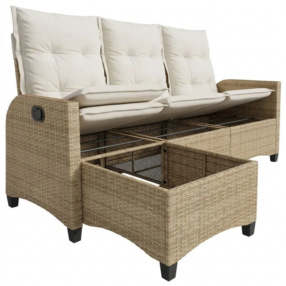 Sofá de jardín reclinable con cojines beige en forma de L