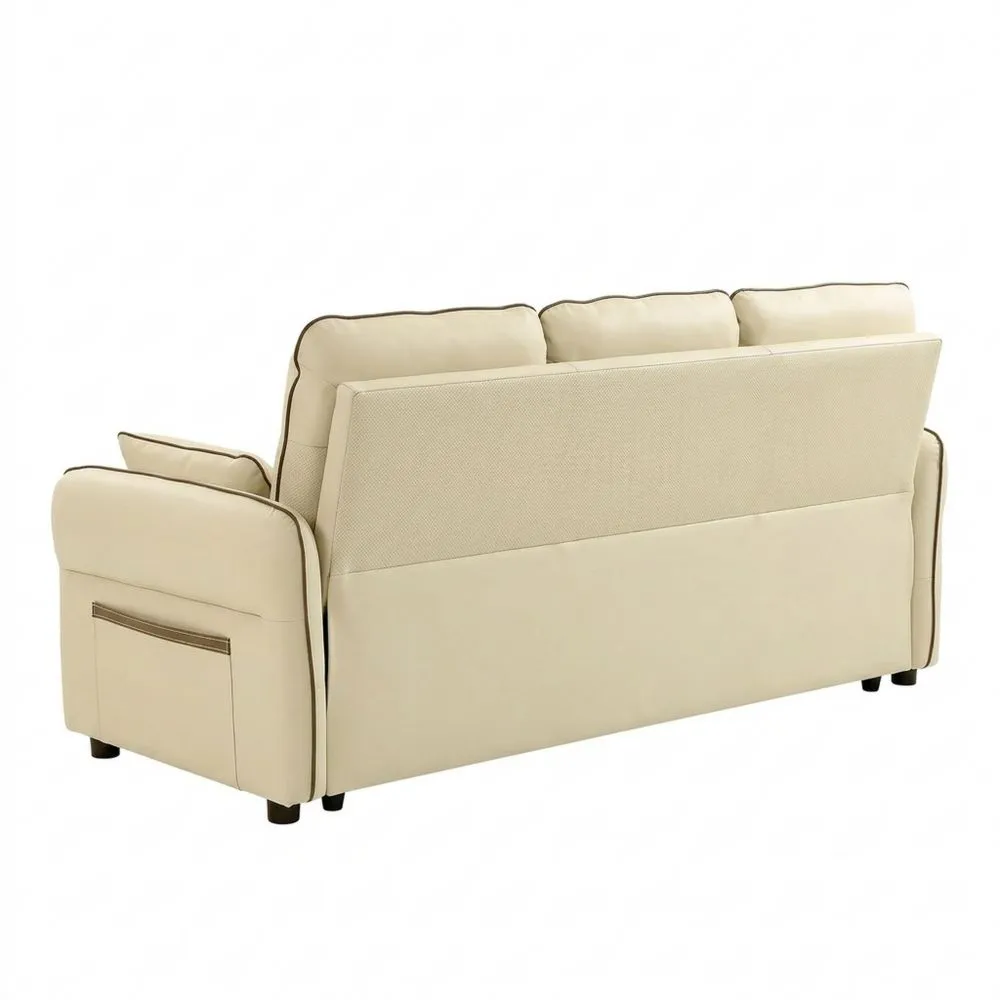 Sofá de 3 Plazas, Sala de Estar Moderna, Tapizado en Cuero Sintético, Asiento Ancho, Reposabrazos y Bolsillo Lateral, Montaje Rápido, Beige