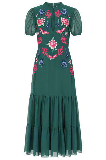 Green Floral Embroidered Midi Dress