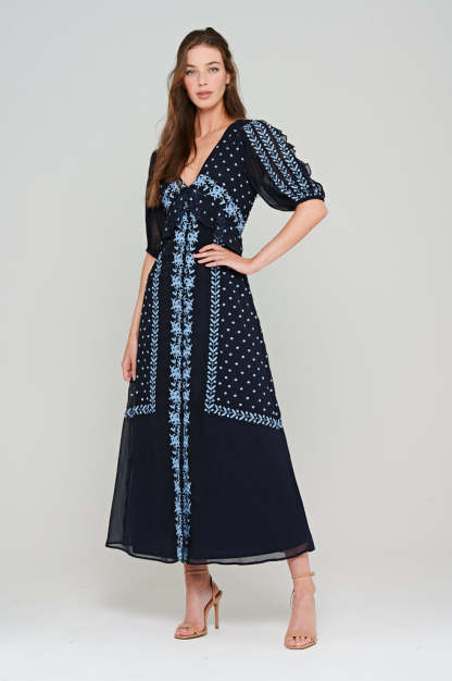 Navy Embroidered Button Through Maxi Dress