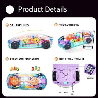 Toyvala Cutest Transparent Concept Racing Car 3D Super Car Toy, Car Toy for Kids with 360 Degree Rotation, Gear Simulation Mechanical Car, Sound & Light Toys for Kids Boys & Girls/Toy Car with Music and LED Lights Electric Transparent Mechanical Gear - Early Educational Learning Race Car Toys for 3 4 5 Year Old Boys Girls Toddlers