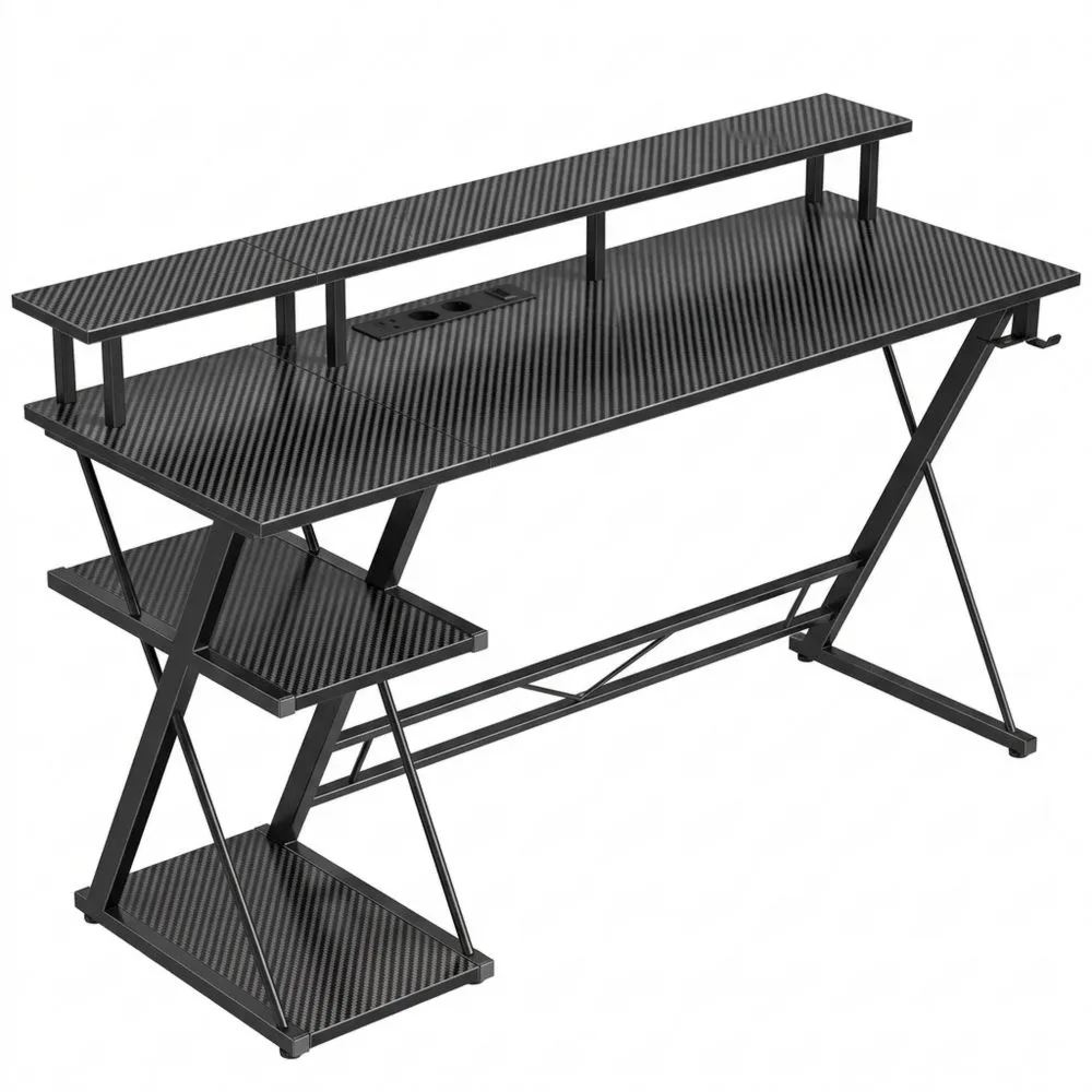 Escritorio de Juego con LED y Enchufes, Mesa de Ordenador con Soporte para Monitor y Torre, Mesa con 2 Ganchos y Reposapiés, Ideal para Dormitorio y Oficina (140 cm)