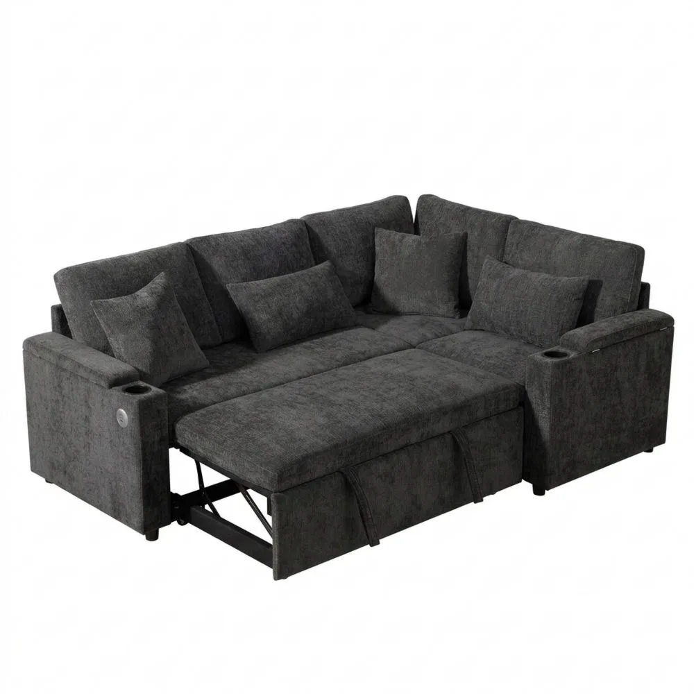 Sofá Rinconero Extensible en Forma de L, 4 Plazas con Puerto USB y Soporte para Bebidas, Sofá Cama Convertible con Almacenaje