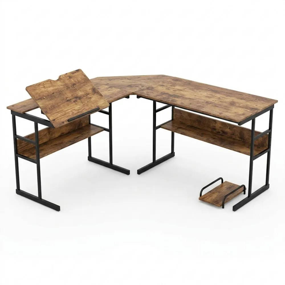 Escritorio de Esquina en L con Mesa de Dibujo Inclinable y Estantes Inferiores