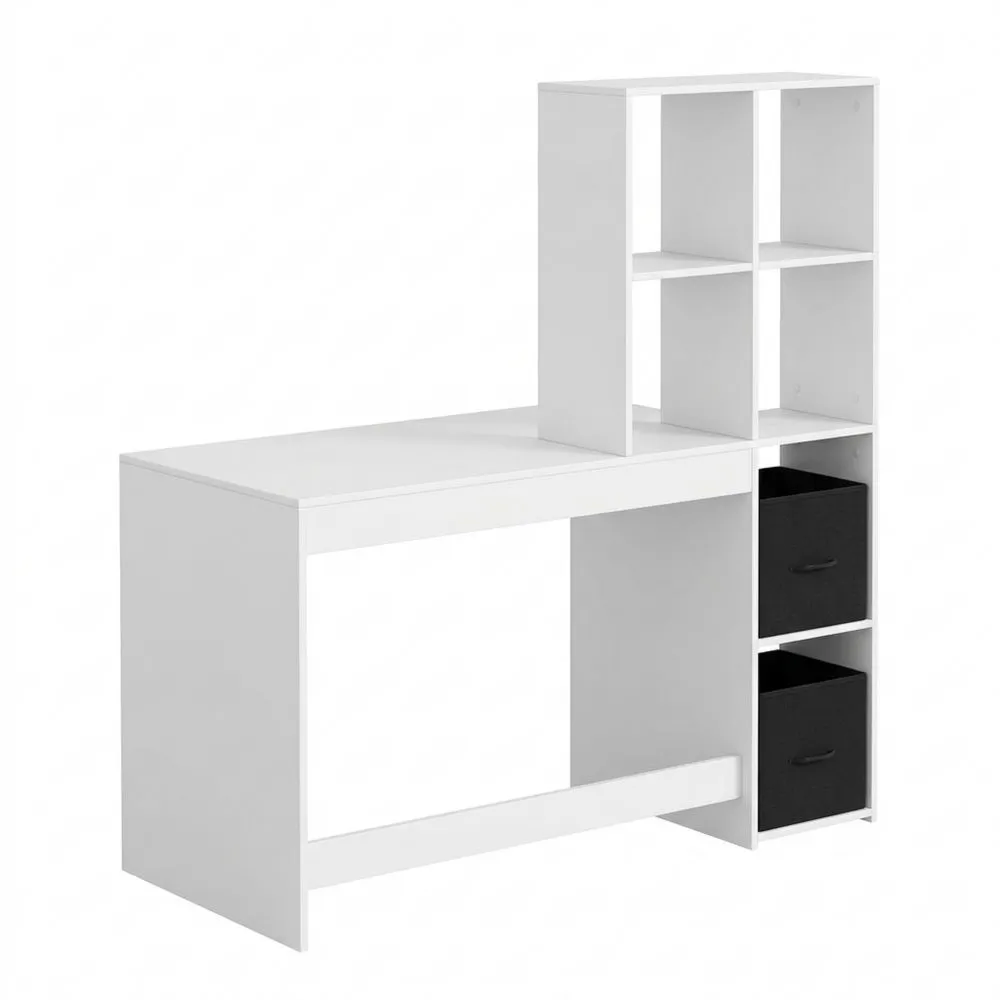 Escritorio Funcional con Estantería y Almacenamiento, Blanco Brillante, Mesa de Estudio para Computadora, 140 x 50 x 134 cm